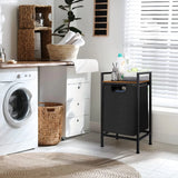 Black Laundry Hamper Basket with Removable Bag and Brown Wood Shelf